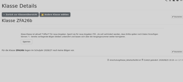 Screenshot: Klasse Details einer noch offenen Klasse mit Prüf-Übersicht