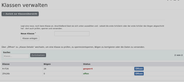 Screenshot: Klassen verwalten mit Anlegen-Formular und Klassenliste
